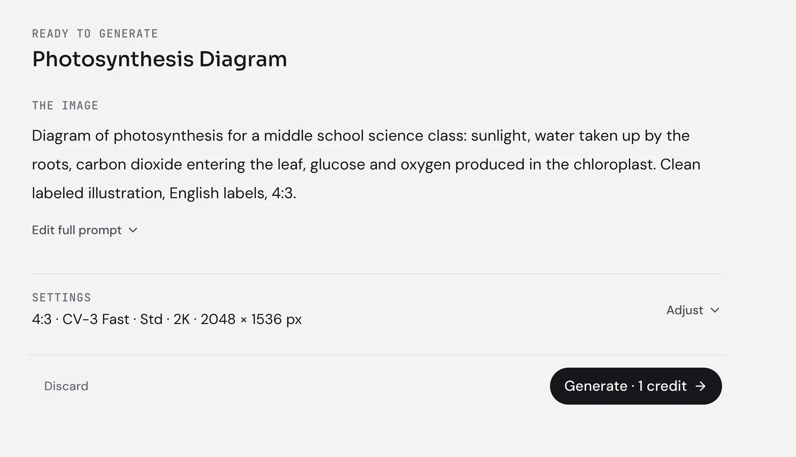 A plan ready to generate, with the prompt, settings, Discard and Generate