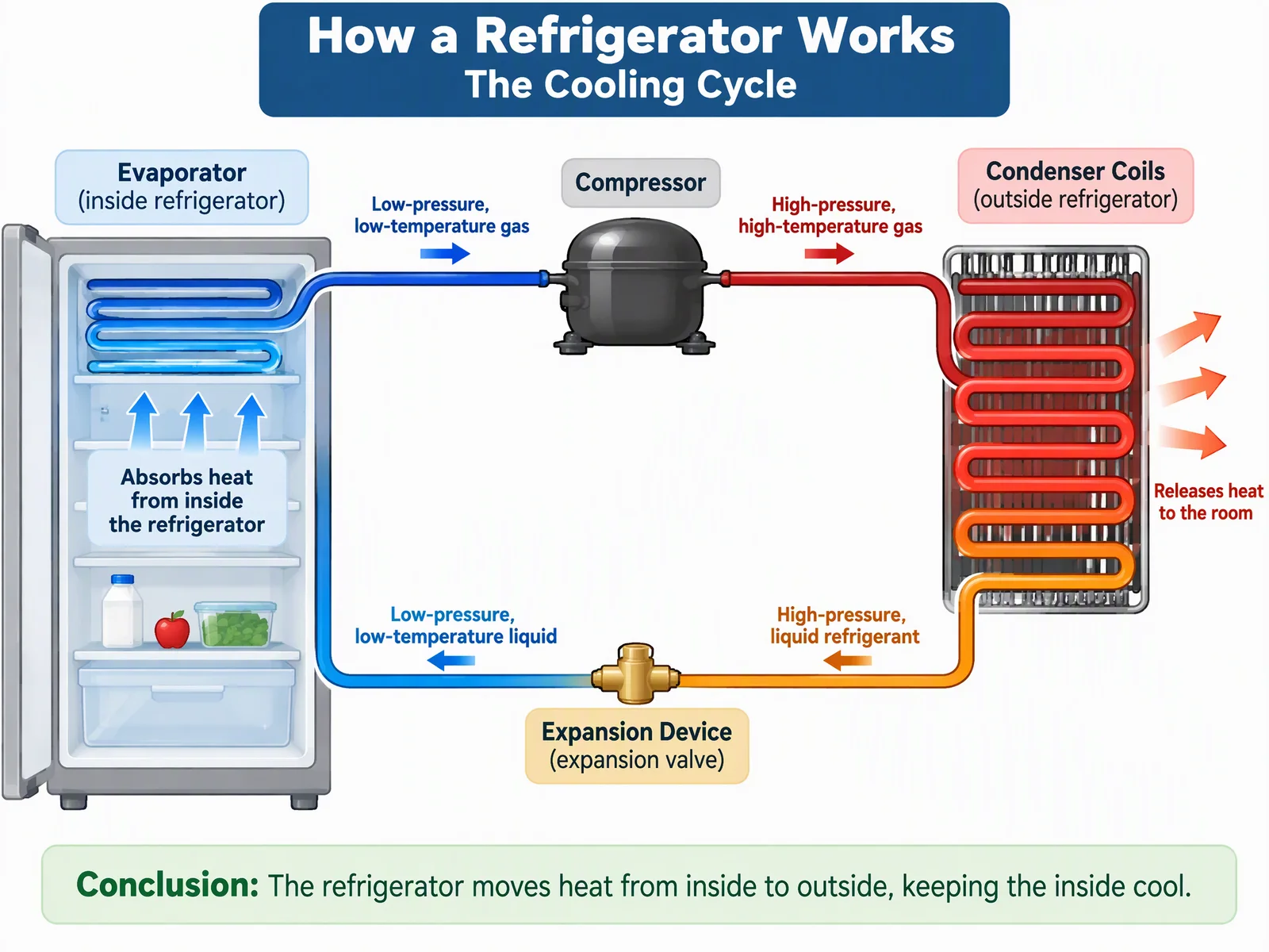 Labeled refrigerator cooling-cycle diagram showing evaporator, compressor, condenser and expansion valve