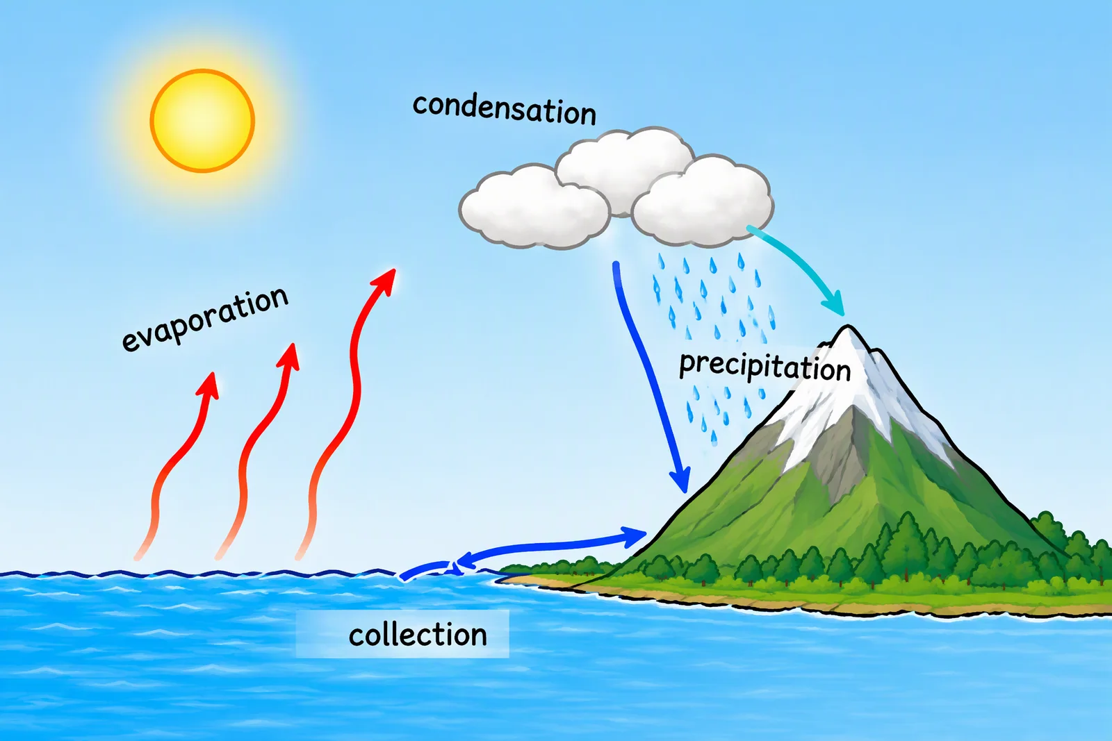 Clean labeled water cycle diagram with evaporation, condensation, precipitation and collection
