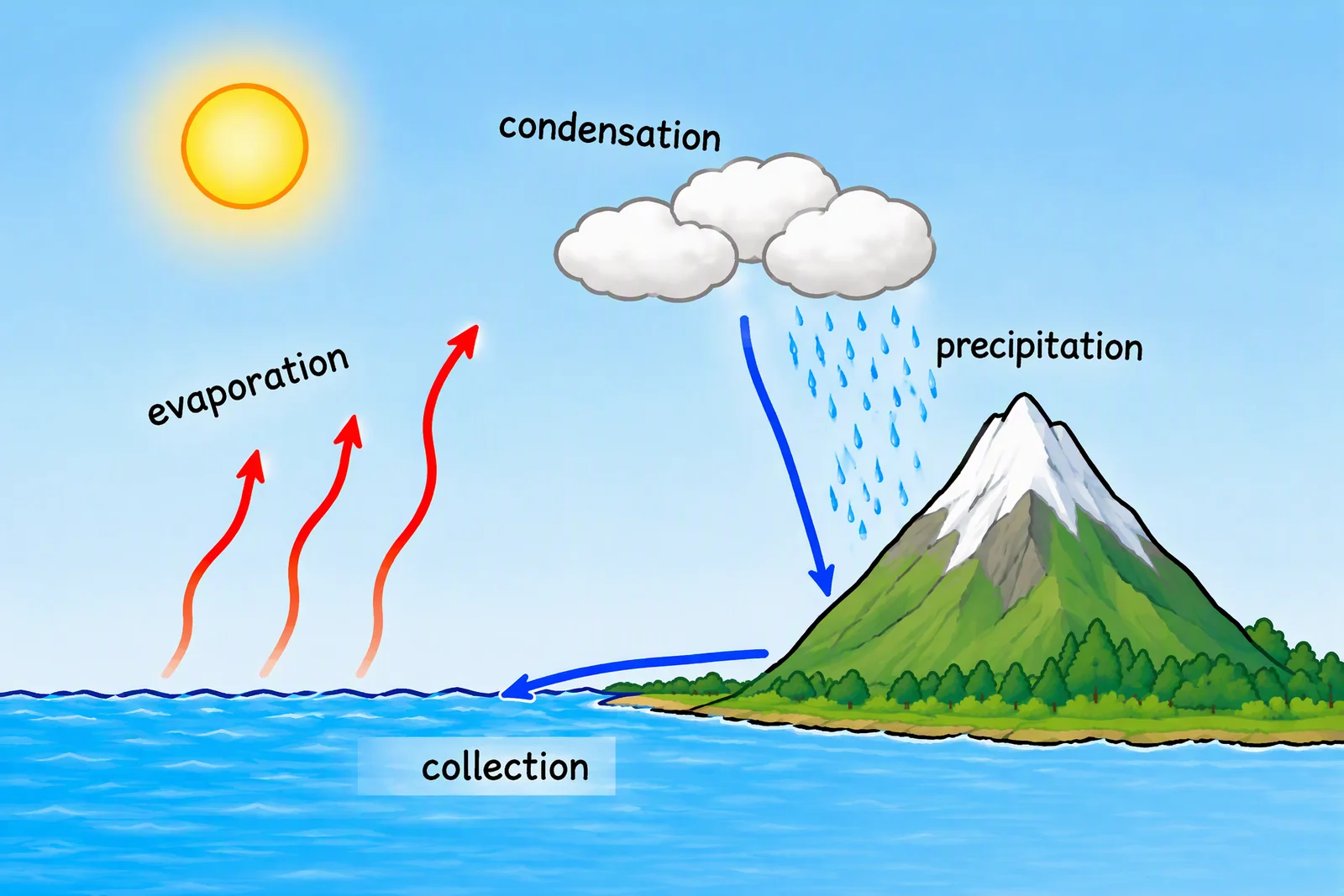 Water cycle diagram V2 with a one-way collection arrow and the precipitation label moved off the mountain