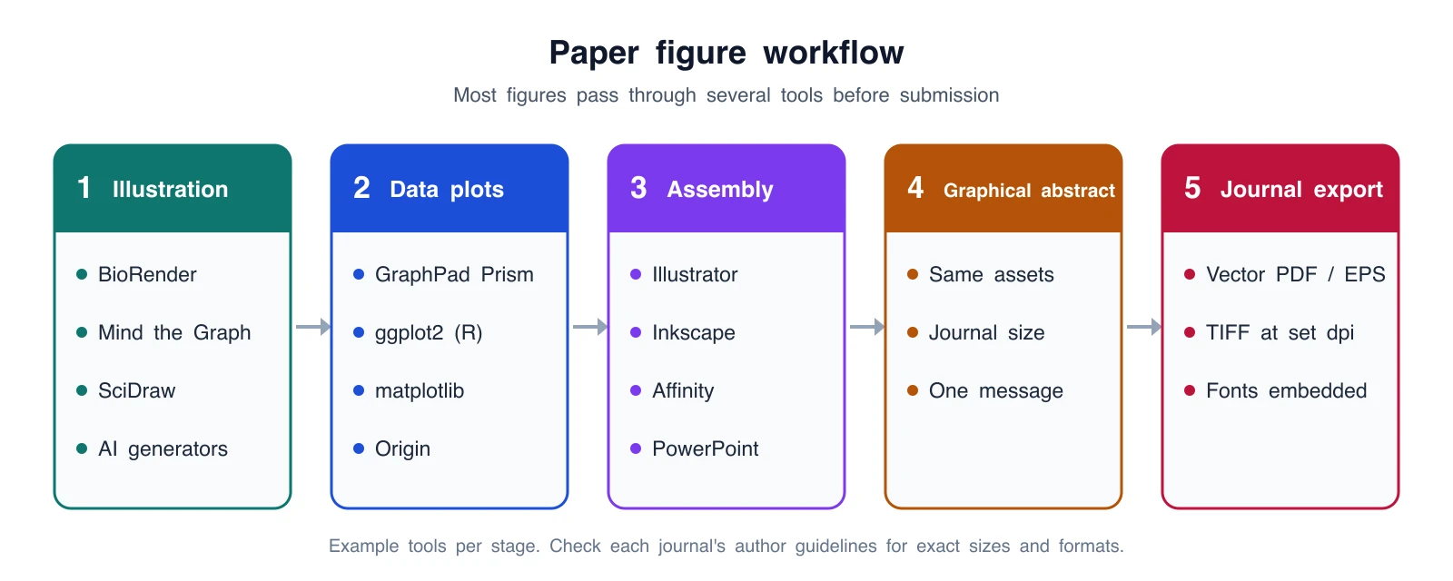 Five-stage paper figure workflow: illustration, data plots, assembly, graphical abstract, journal export, with example tools for each stage