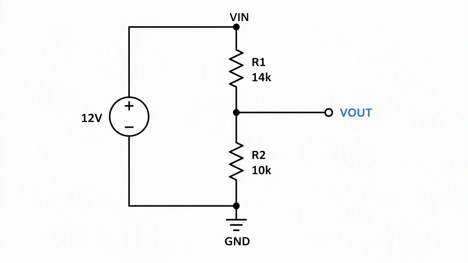 Schematic of a 12V source with R1 14k on top, R2 10k below and a VOUT node between them