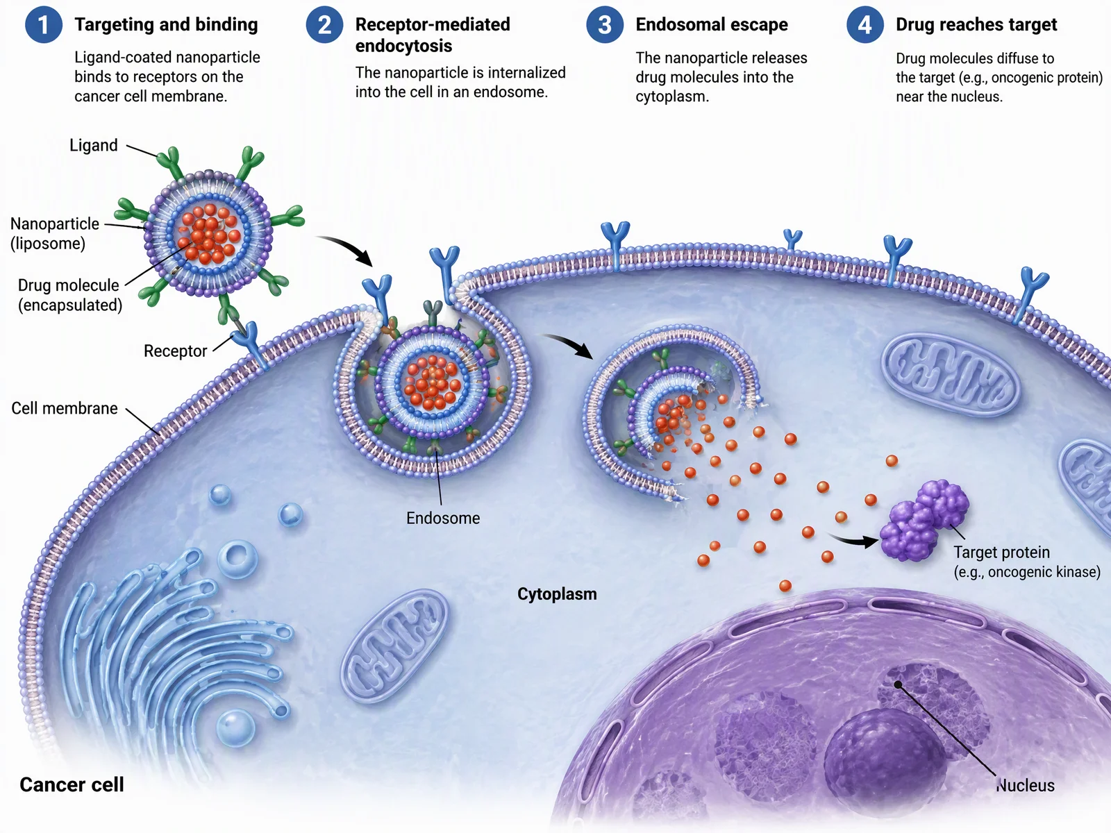Four-step nanoparticle drug delivery schematic generated with ConceptViz