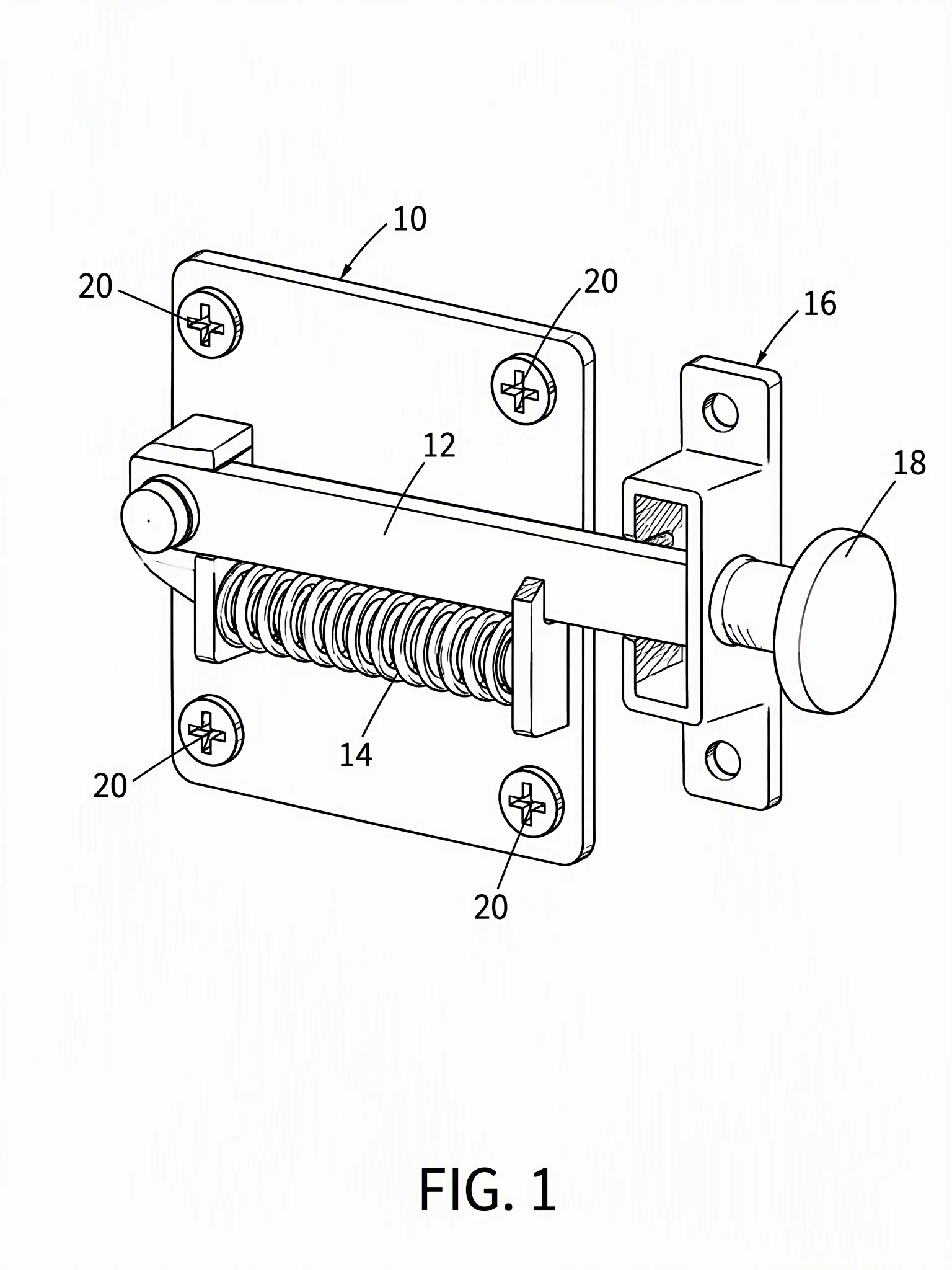 AI-generated patent figure labeled FIG. 1 showing a gate latch with reference numerals 10 through 20 connected to parts by lead lines, in black line art on white