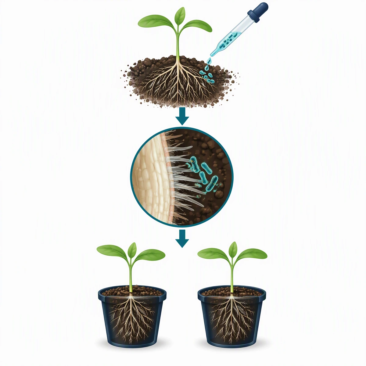 Hypothetical plant science workflow showing inoculation near seedling roots, a magnified root surface with microbes, and two similar plants for a control and treatment comparison