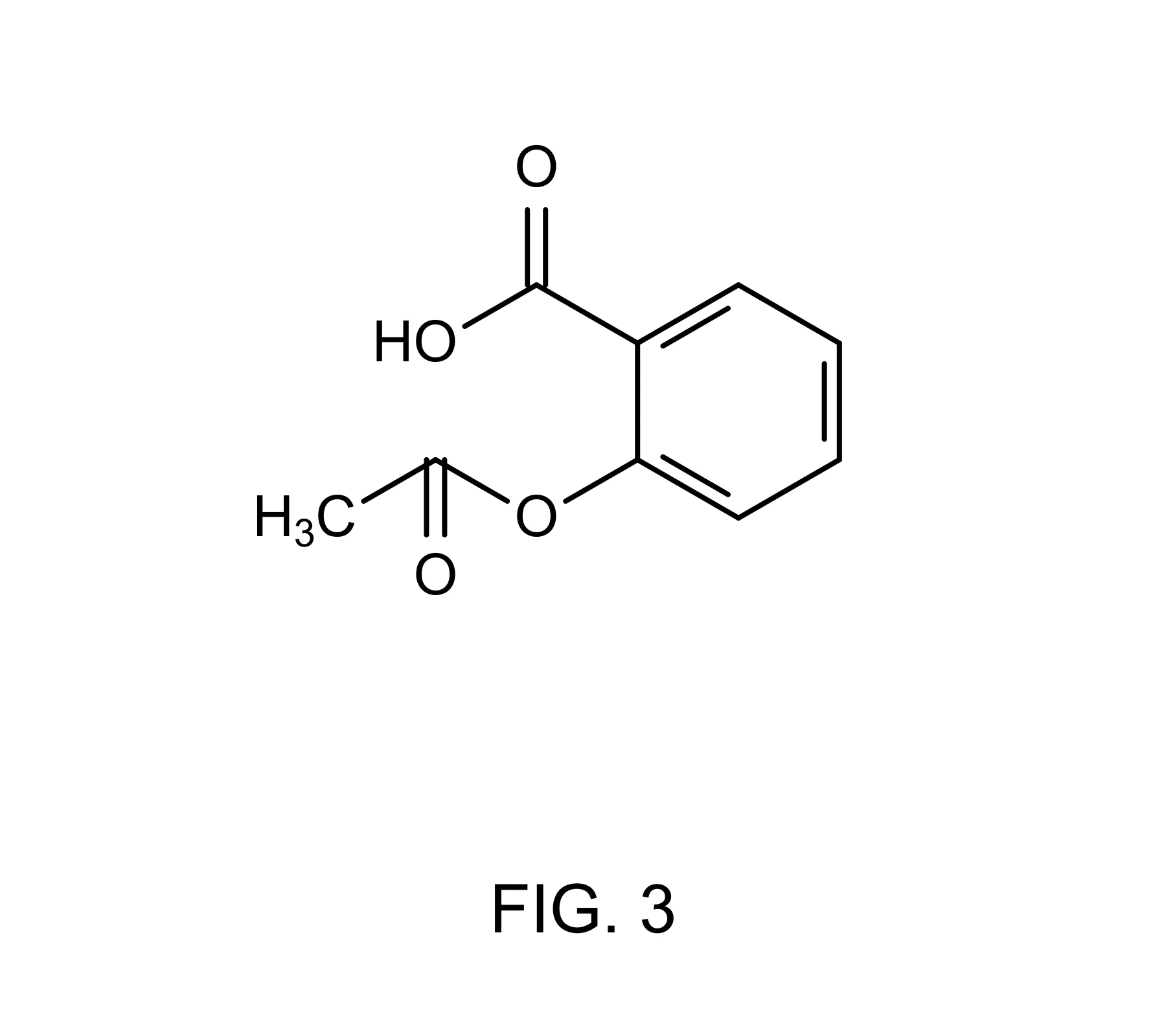 Exact drawing of acetylsalicylic acid (aspirin) in black line art, with a benzene ring, a carboxylic acid group, and an acetoxy group, labeled FIG. 3