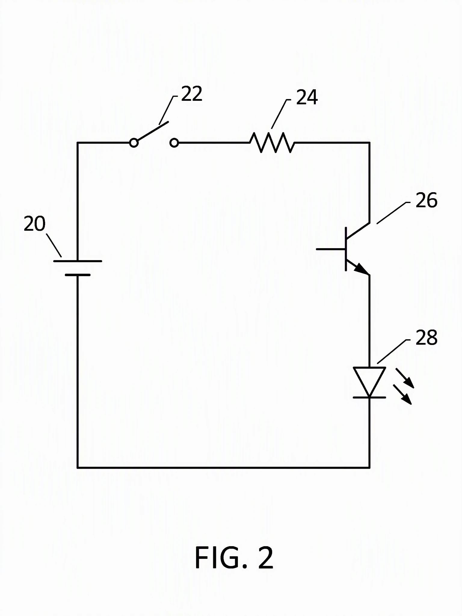 AI-generated patent figure FIG. 2: schematic of a battery, switch, resistor, transistor, and LED in a single loop with reference numerals 20 to 28