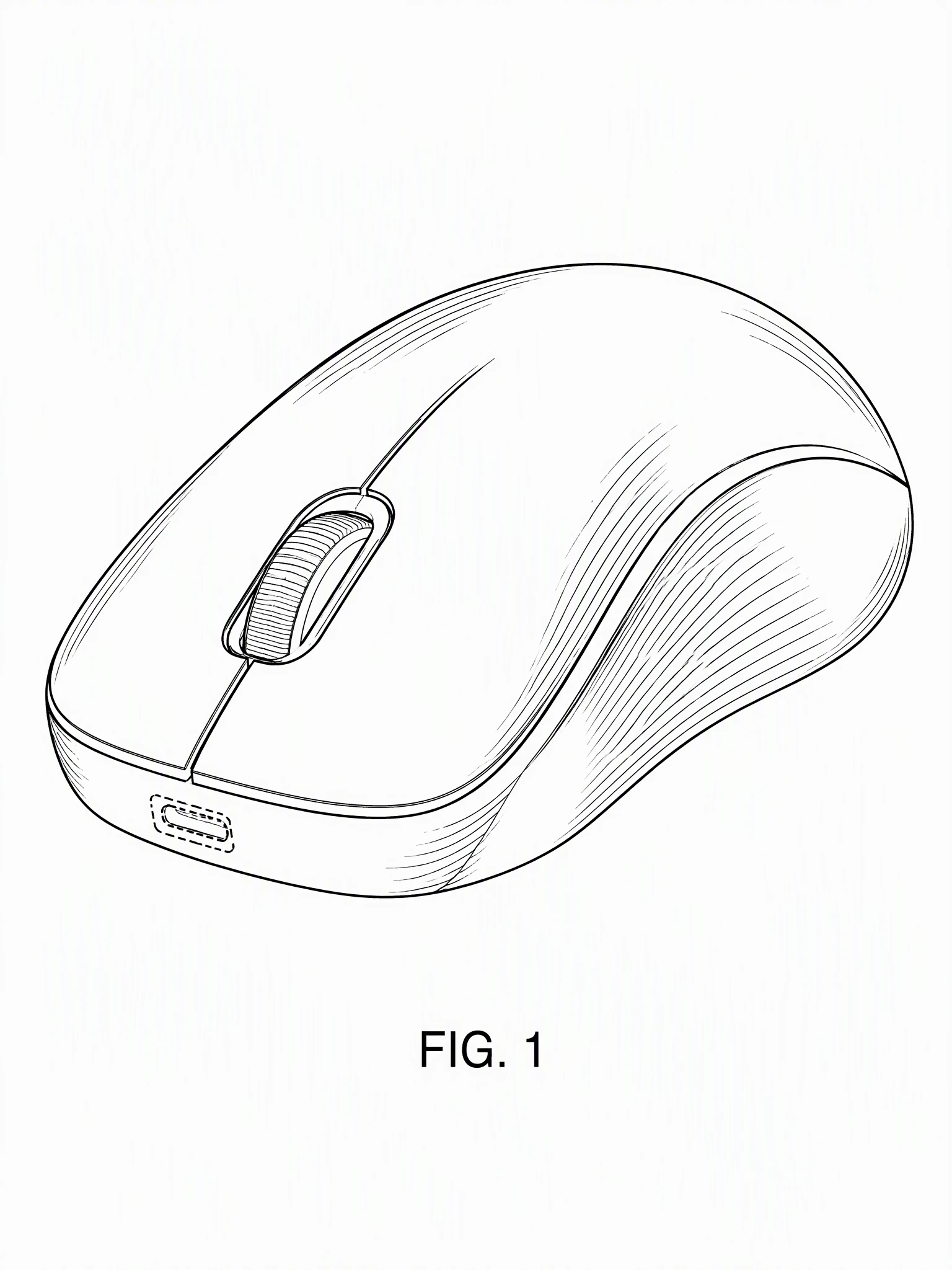 AI-generated design patent style view of a computer mouse in black line art with contour shading lines and a dashed broken-line USB port, labeled FIG. 1, with no reference numerals