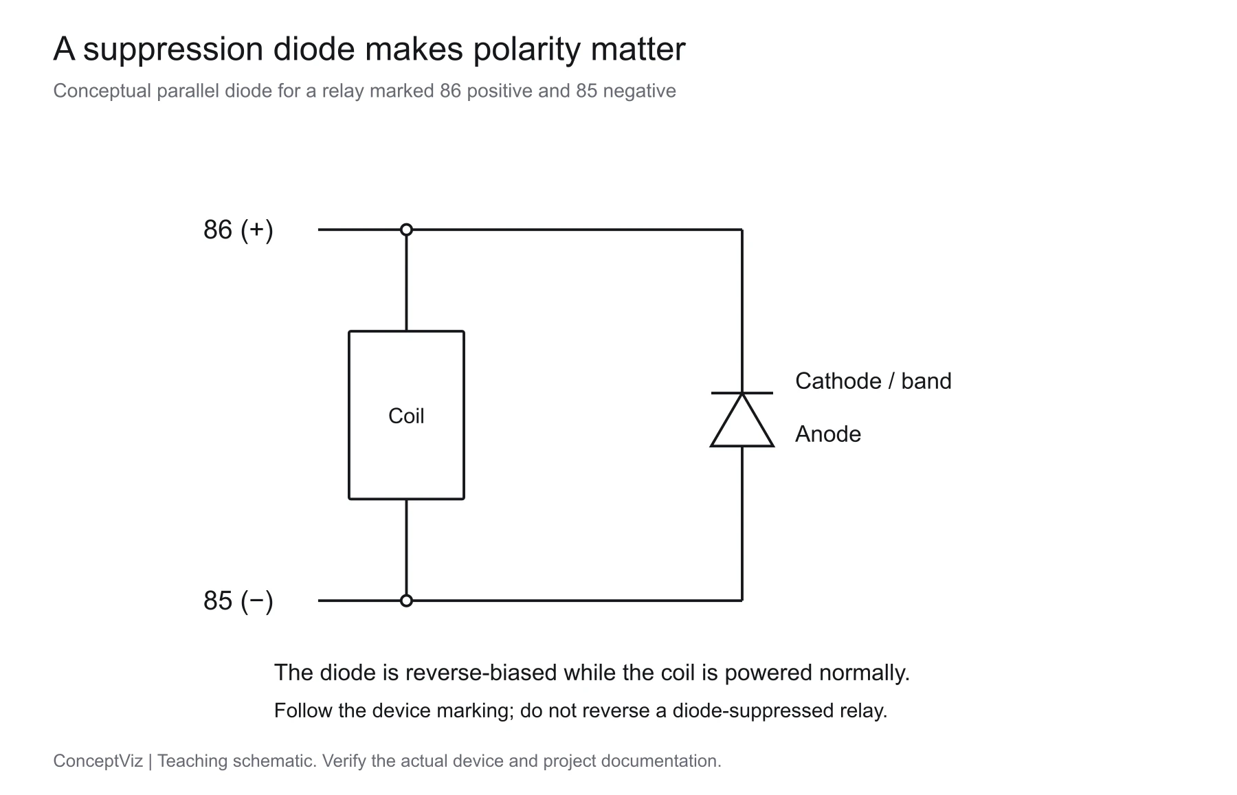 Precise coil suppression diagram with a parallel diode whose cathode bar connects toward terminal 86 positive and whose anode connects toward terminal 85 negative