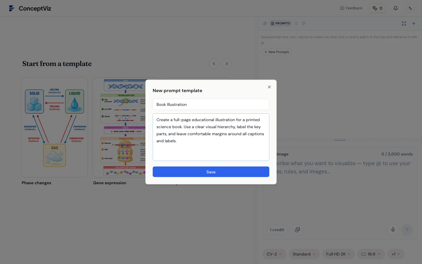 The New Prompt Template dialog in ConceptViz Studio, with a name field and a reusable prompt text field.