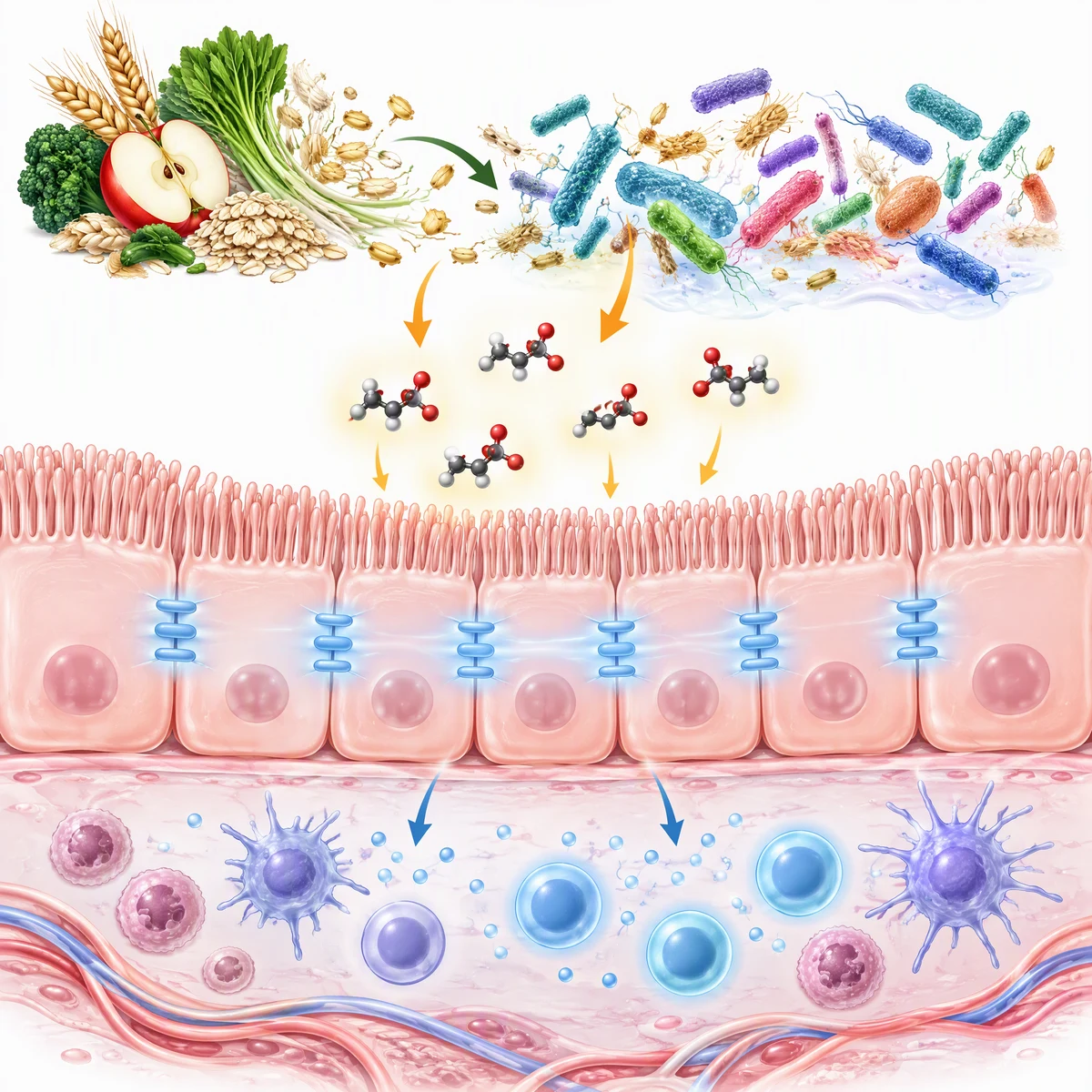 Example Cell Press graphical abstract at 1200 by 1200 pixels: dietary fiber fermented by gut bacteria into butyrate, which strengthens the intestinal barrier and calms immune cells
