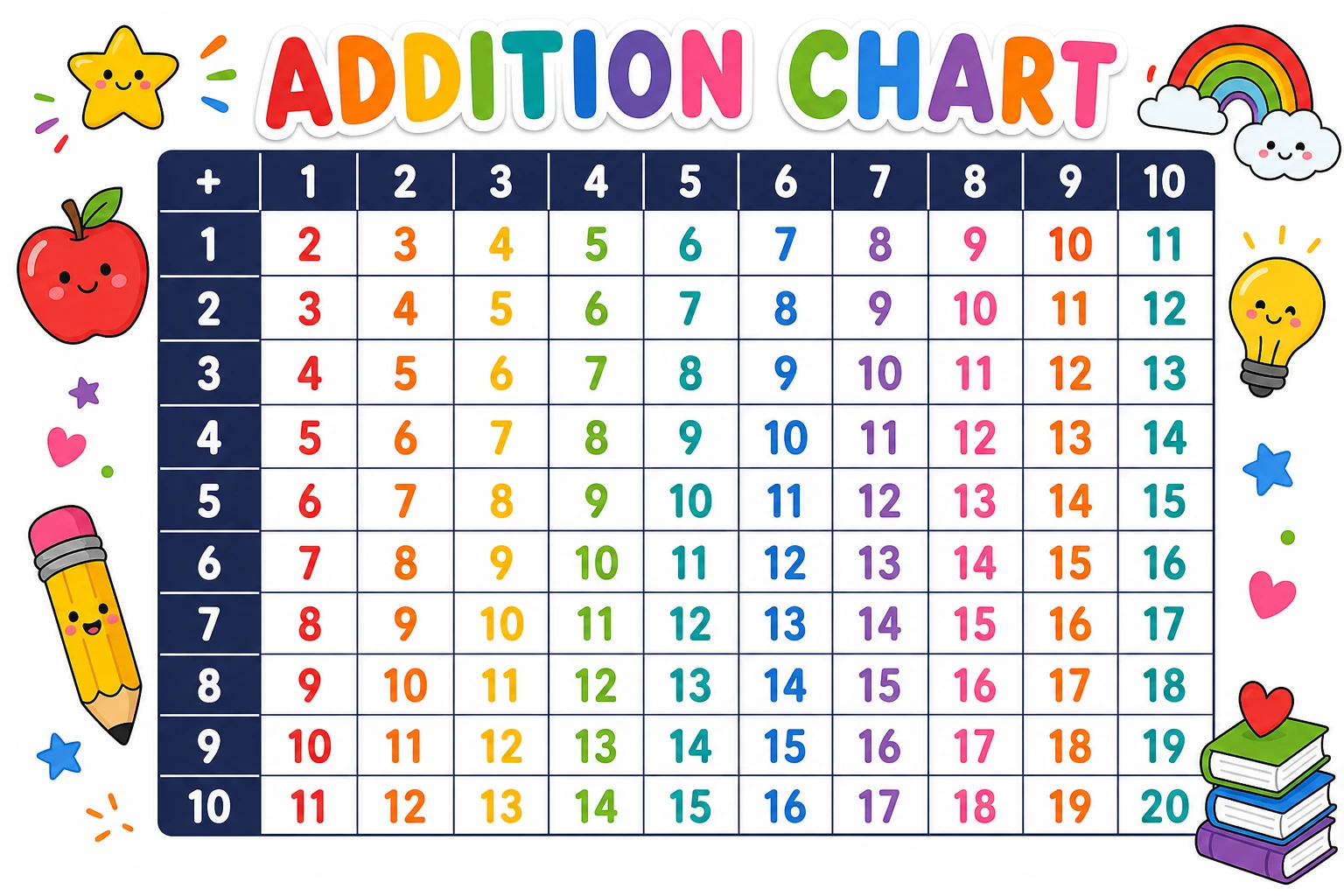 Colorful addition chart poster with sums in every cell