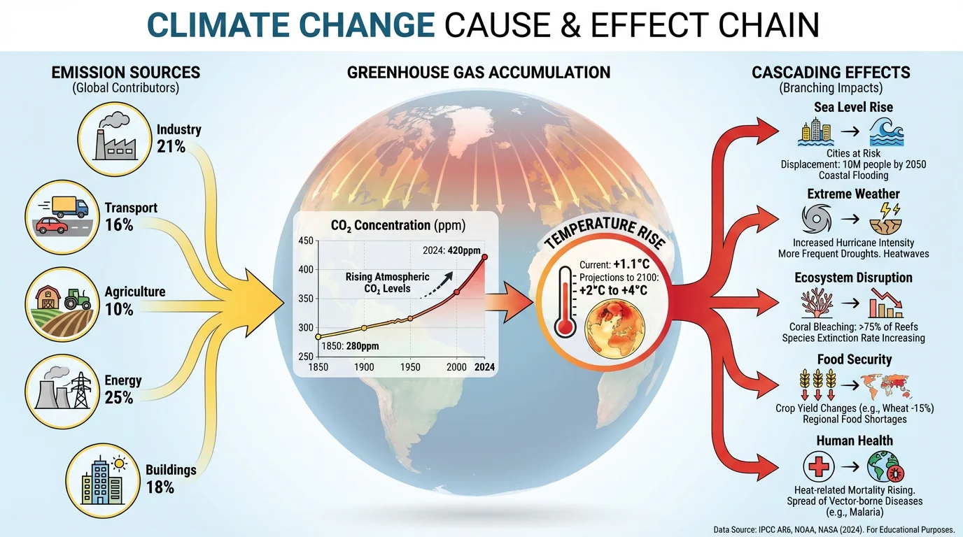 Scientific infographic showing climate change cause and effect chain with data visualizations.