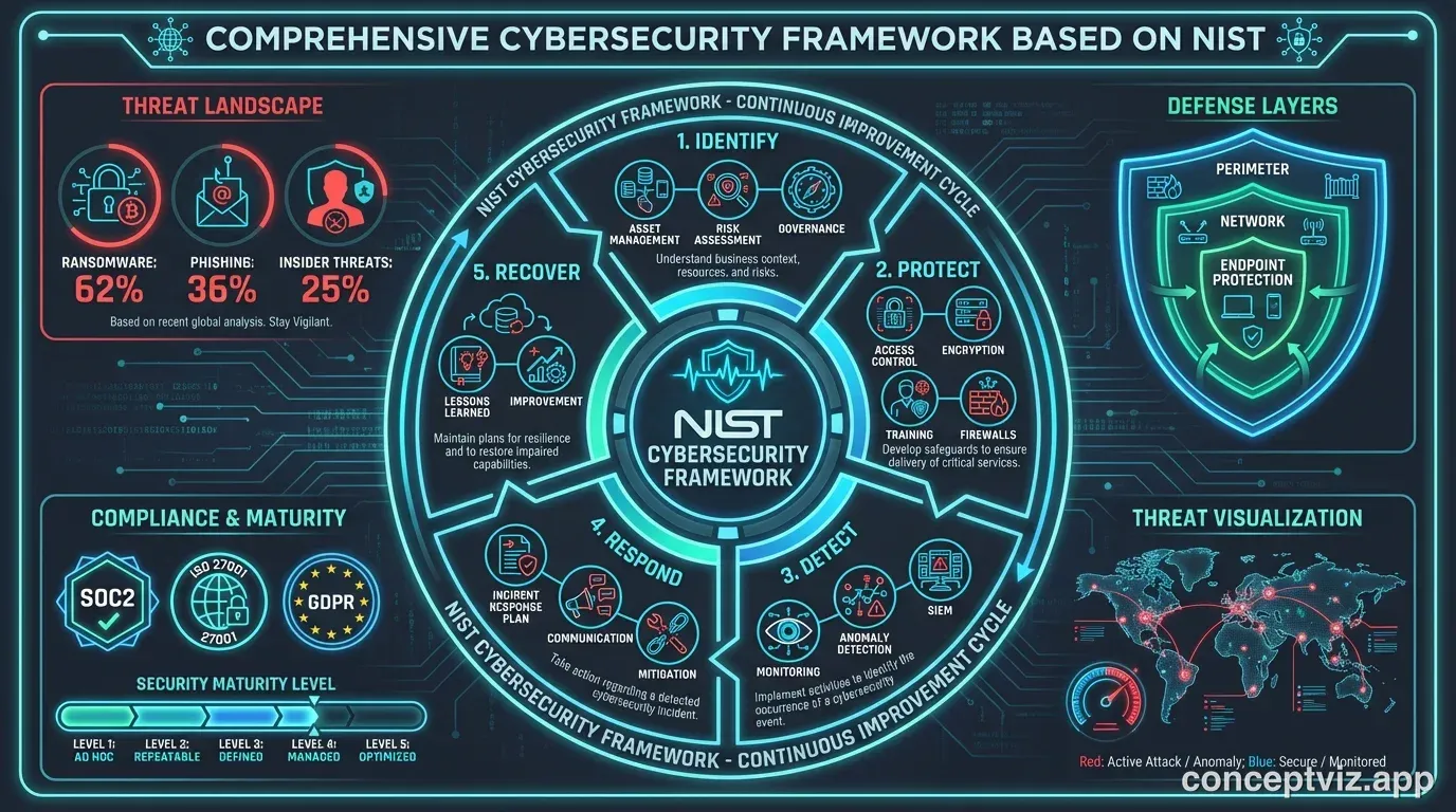 NIST cybersecurity framework infographic with five core functions and defense layers.