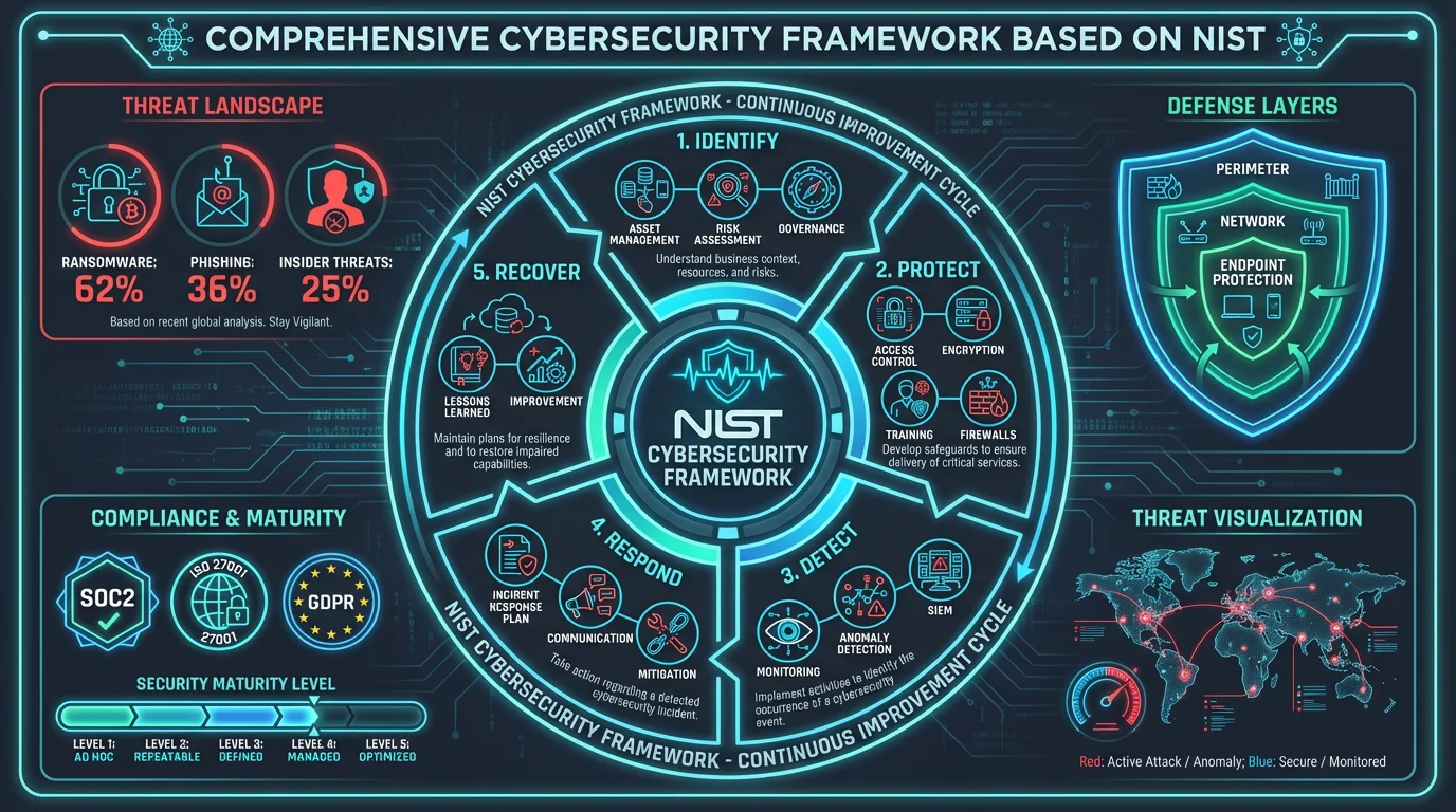 NIST cybersecurity framework infographic with five core functions and defense layers.