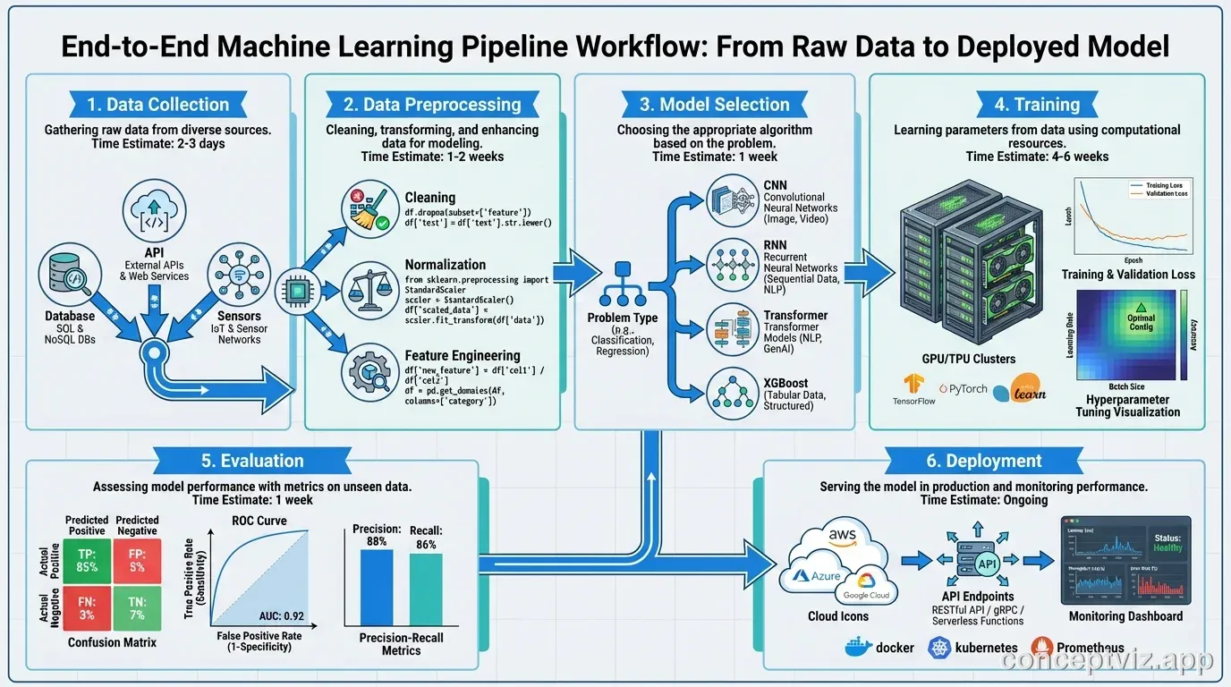End-to-end machine learning pipeline infographic showing data flow from collection to deployment.