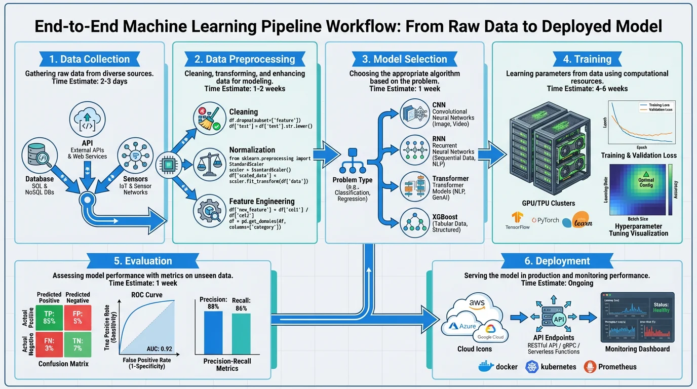 End-to-end machine learning pipeline infographic showing data flow from collection to deployment.