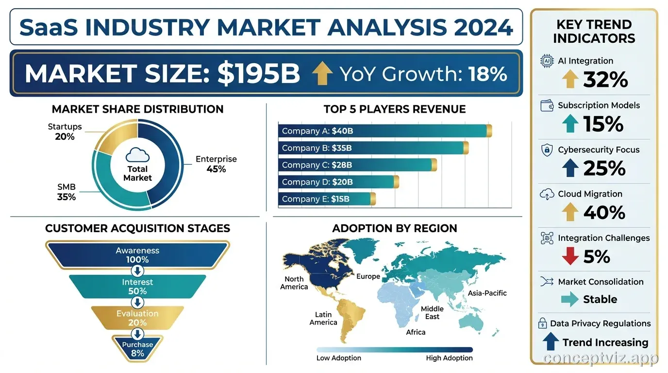 Comprehensive SaaS market analysis infographic with market size, growth rates, and competitor breakdown.