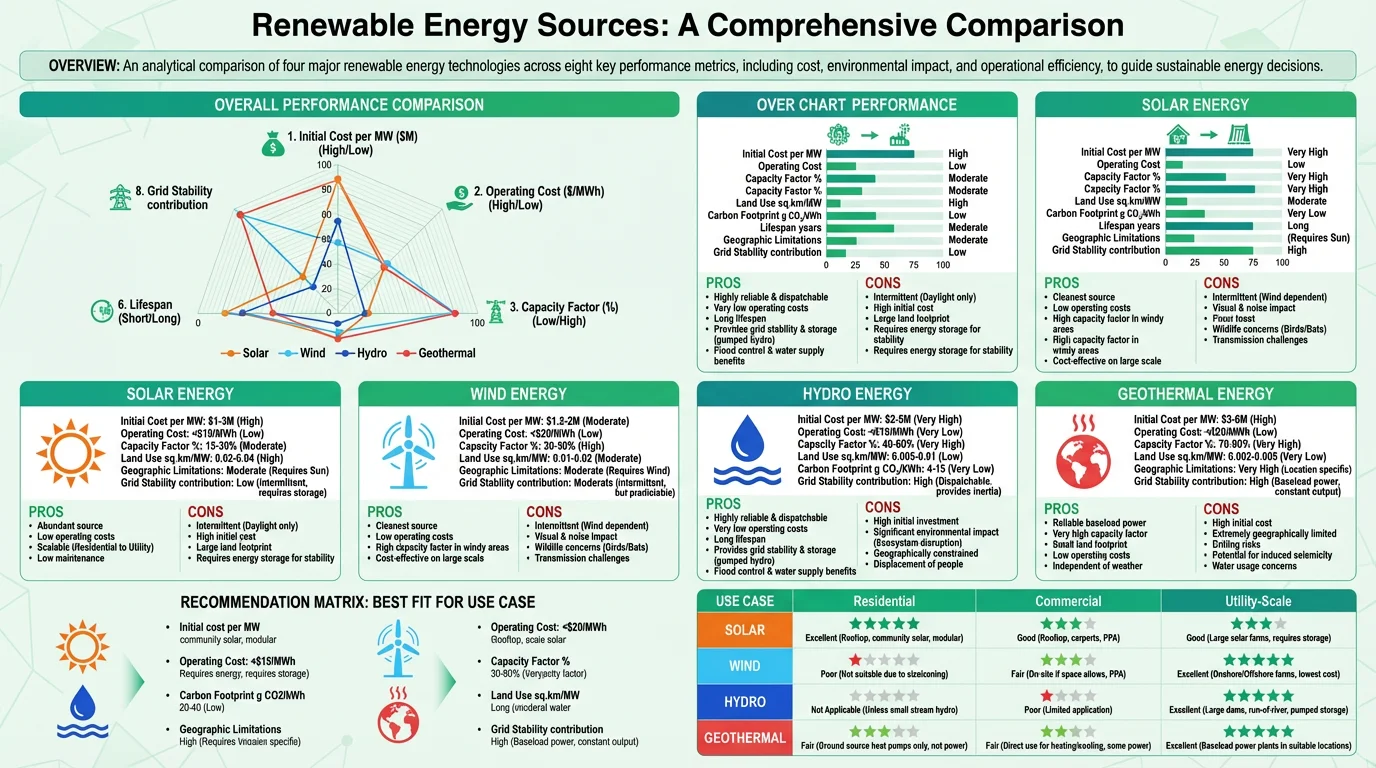 Side-by-side comparison of renewable energy sources with cost and efficiency metrics.