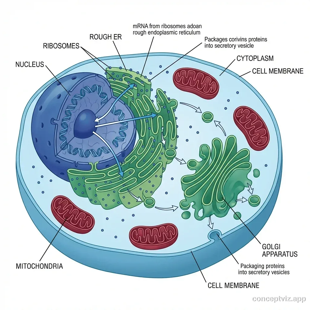 Detailed cell biology diagram showing cellular processes