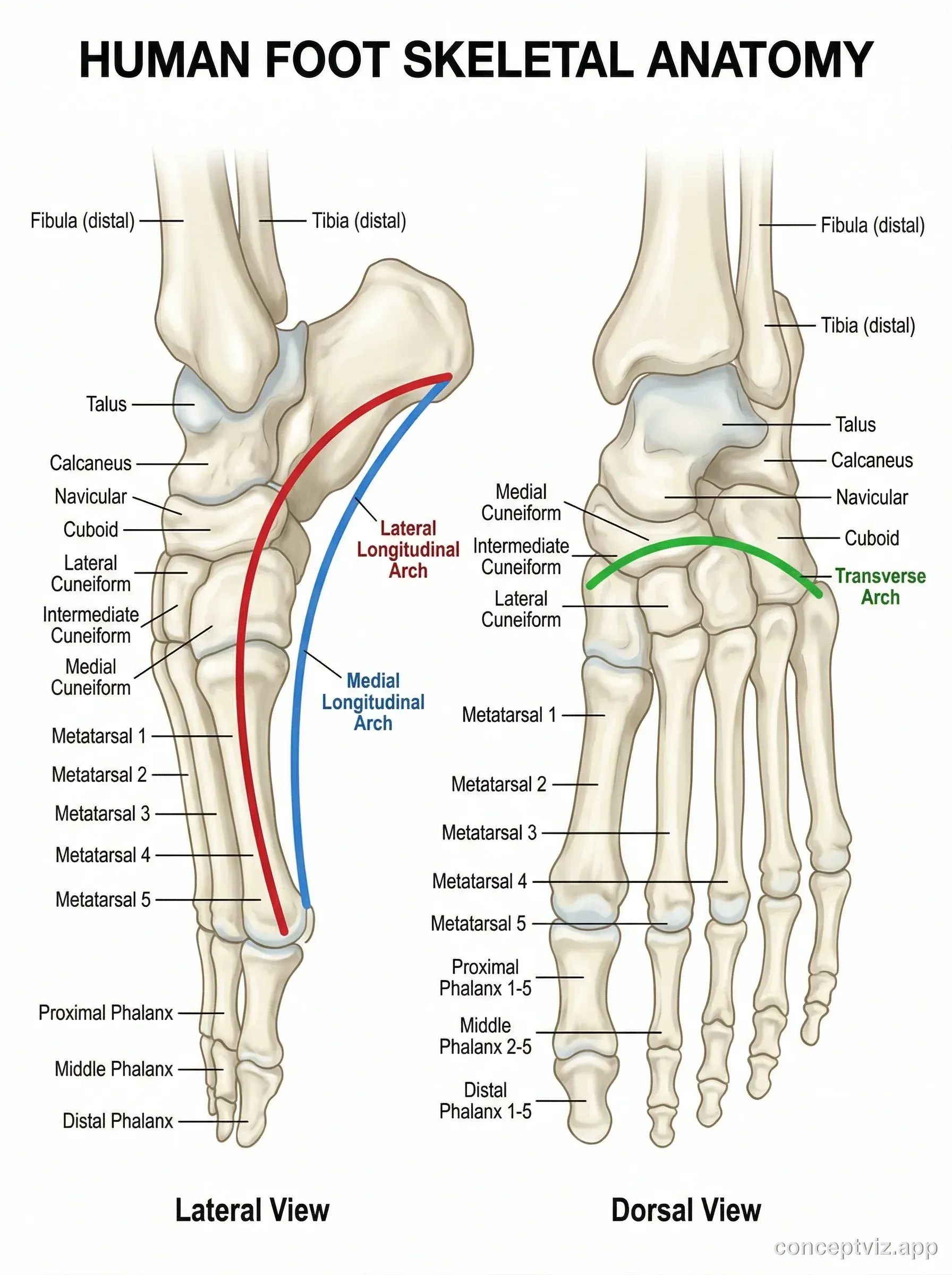 Anatomical drawing of human foot showing bones and arches