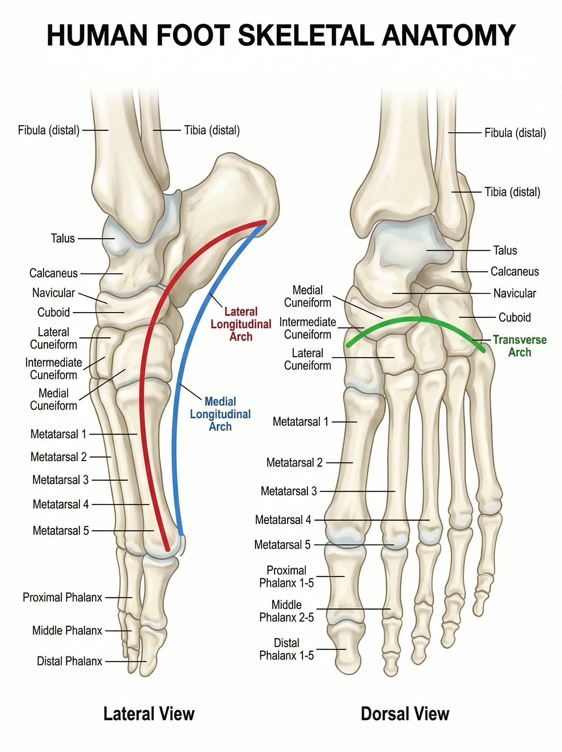Anatomical drawing of human foot showing bones and arches