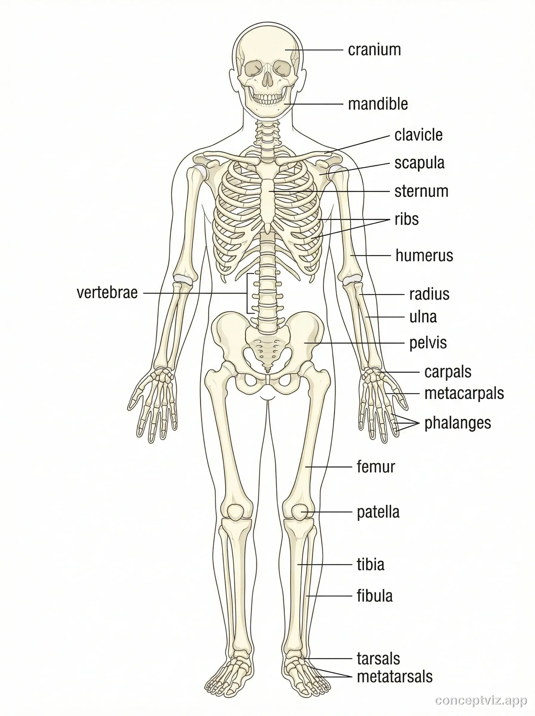 Full human skeleton diagram with labeled bones