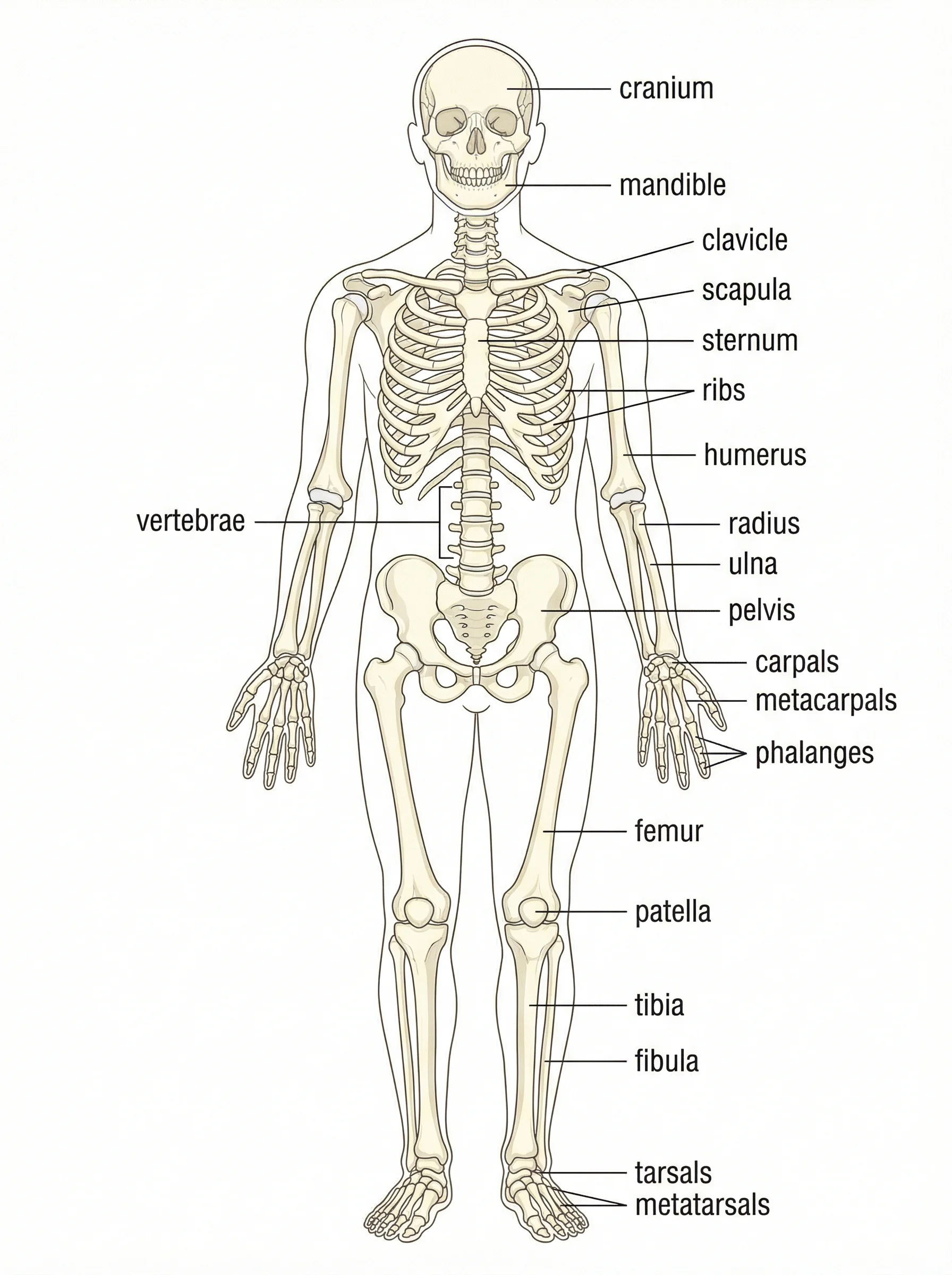 Full human skeleton diagram with labeled bones