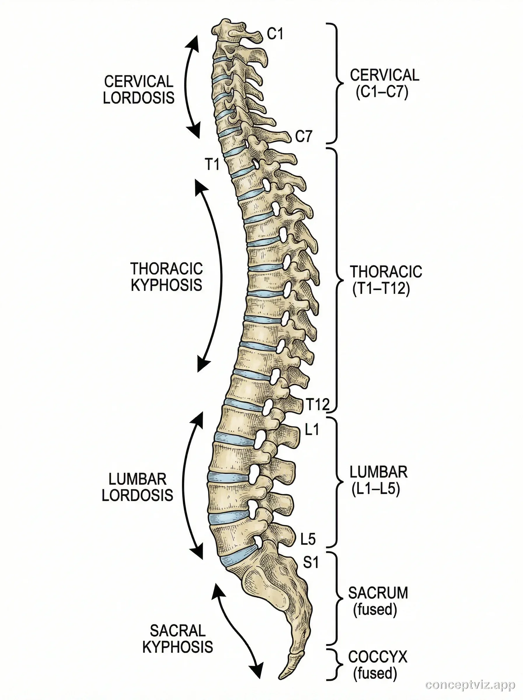 Lateral view of human spine showing vertebrae and curves