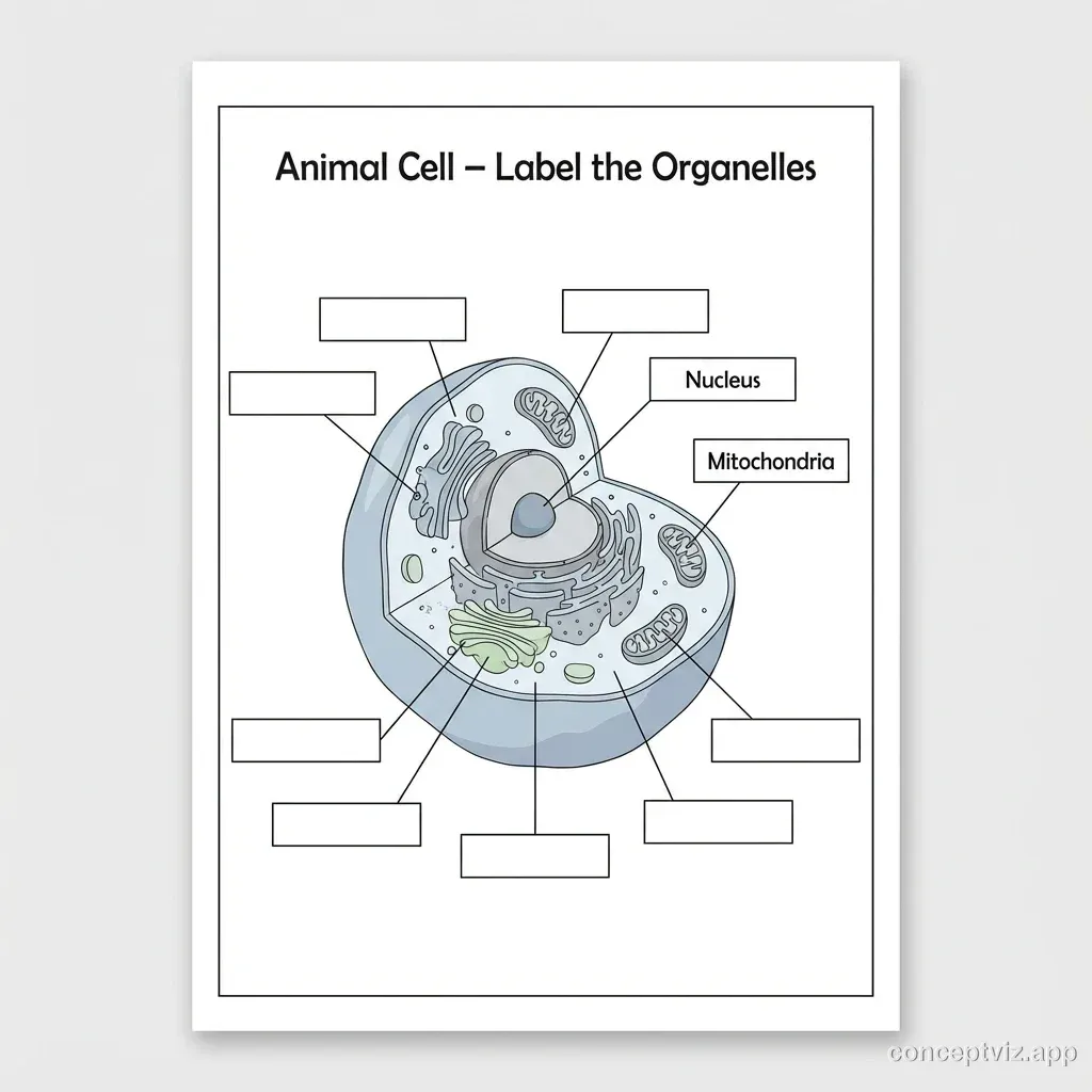 Grayscale exam review worksheet featuring a large unlabeled animal cell diagram in the center. Empty rectangular boxes surround the cell, connected by lines to different organelles. Students fill in each box with the correct organelle name. A title line at the top reads "Animal Cell Review". Space at the bottom provides room for additional notes. The worksheet is designed for printing on standard paper.