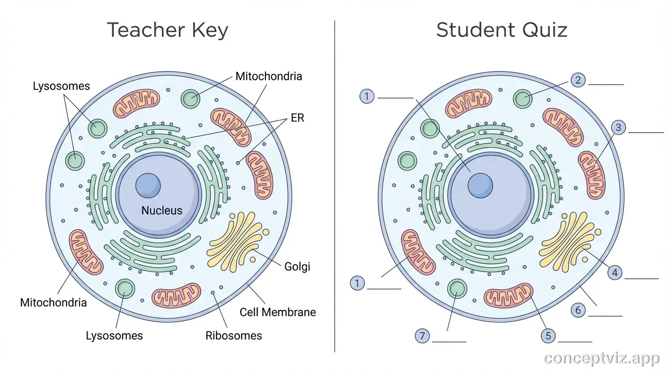 Side-by-side comparison showing two identical animal cell diagrams. The left cell is fully labeled with all organelle names (Teacher Answer Key), including nucleus, nucleolus, cell membrane, cytoplasm, mitochondria, endoplasmic reticulum, Golgi apparatus, lysosomes, and ribosomes. The right cell shows the same structures but with blank lines instead of labels (Student Quiz Version). Both cells are circular with matching organelle positions.