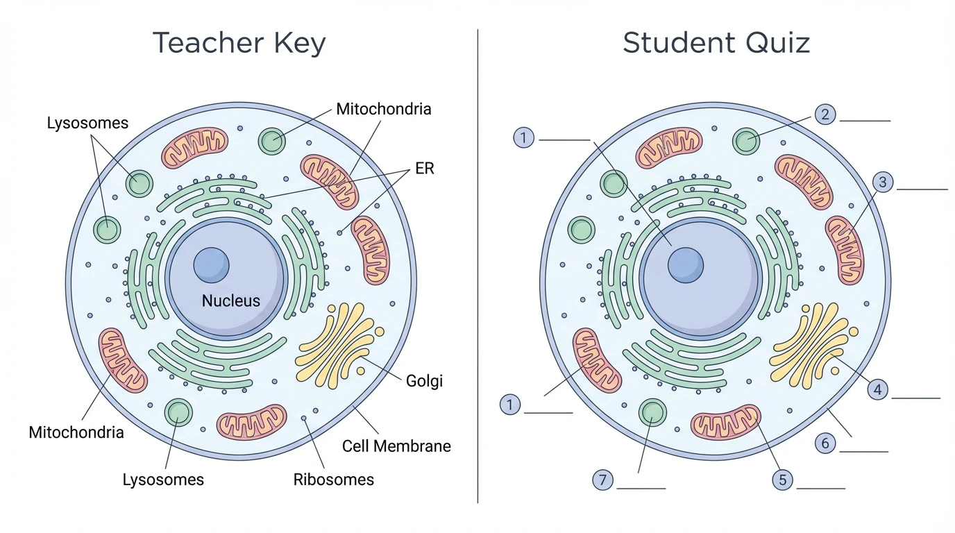 Side-by-side comparison showing two identical animal cell diagrams. The left cell is fully labeled with all organelle names (Teacher Answer Key), including nucleus, nucleolus, cell membrane, cytoplasm, mitochondria, endoplasmic reticulum, Golgi apparatus, lysosomes, and ribosomes. The right cell shows the same structures but with blank lines instead of labels (Student Quiz Version). Both cells are circular with matching organelle positions.