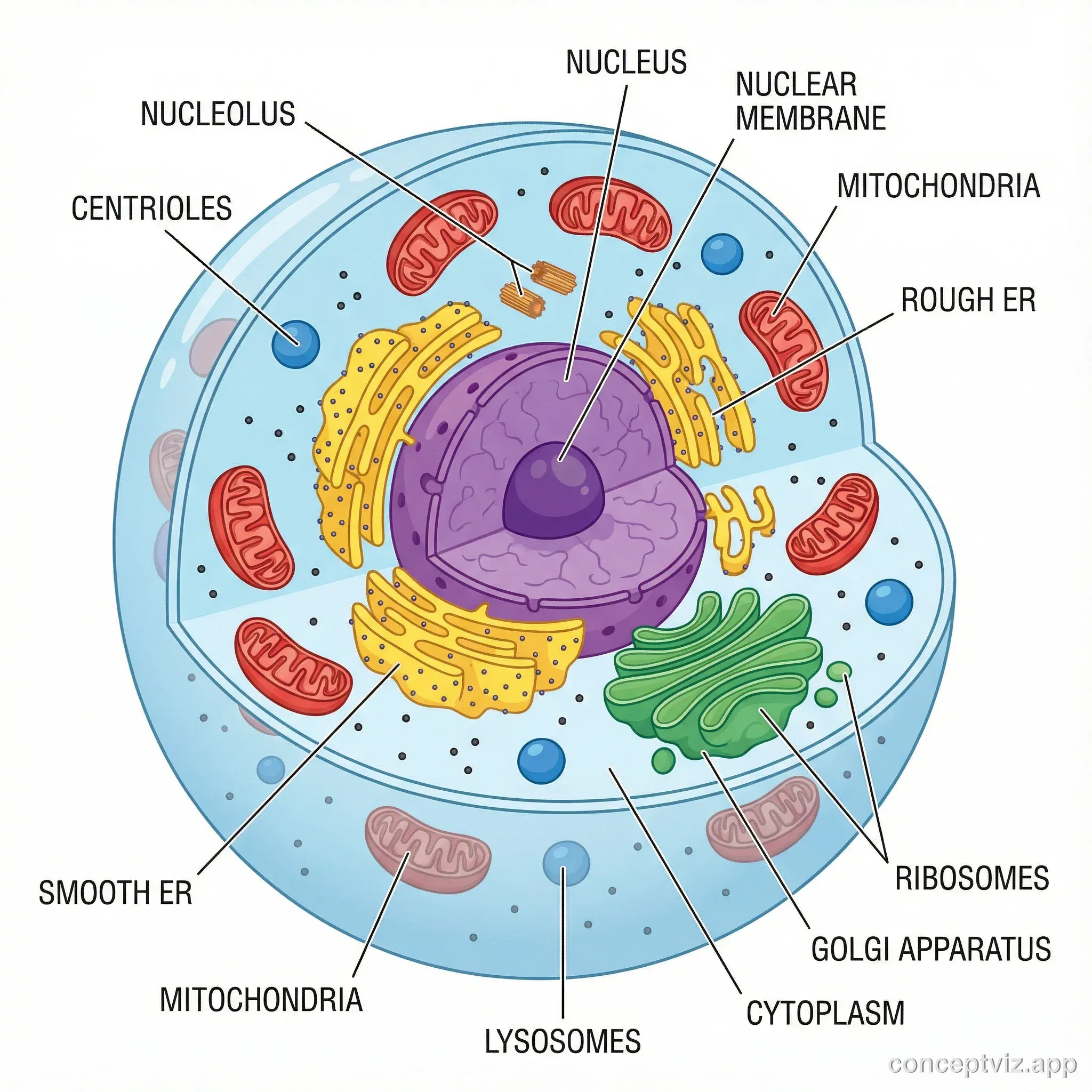 Educational diagram of an animal cell cross-section in full color. A round cell with a dark purple nucleus at the center containing a smaller nucleolus. Orange oval-shaped mitochondria are scattered throughout the pink cytoplasm. Blue ribbon-like endoplasmic reticulum surrounds the nucleus. Green stacked Golgi apparatus appears on one side. Small dots represent ribosomes. The thin cell membrane forms the outer boundary. Each organelle has a labeled callout line pointing to its name.