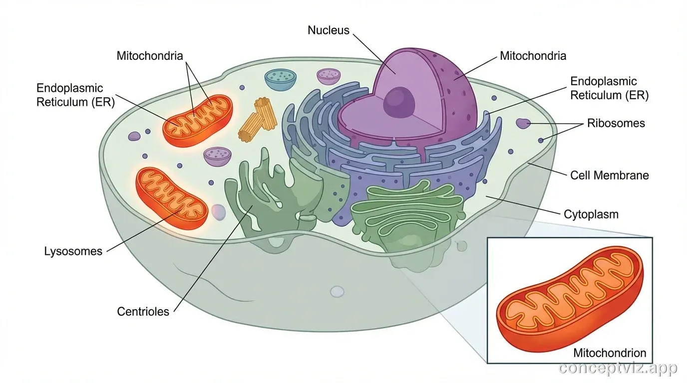 Animal cell diagram with special focus on mitochondria. The main cell shows several orange oval-shaped mitochondria distributed in the cytoplasm. A magnified callout box shows one mitochondrion in detail, revealing its internal folded cristae membrane structure. Labels identify the outer membrane, inner membrane, cristae folds, and matrix. Text reads "Powerhouse of the Cell" highlighting the mitochondria energy production function.