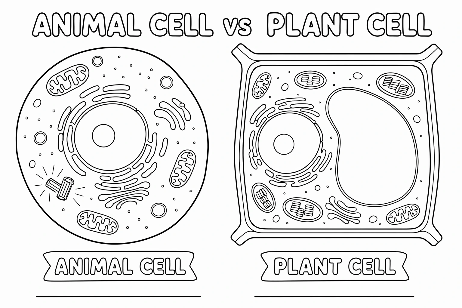 Black-and-white animal vs plant cell coloring page with both cells side by side and blank label lines