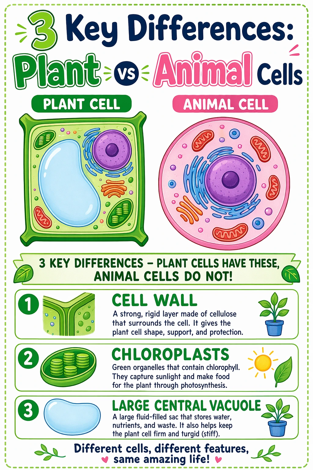Classroom poster showing the three key differences — cell wall, chloroplasts, and large central vacuole — that plant cells have and animal cells do not