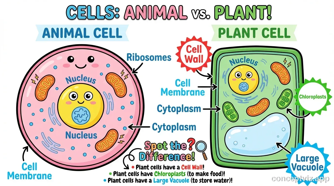 Simple cartoon-style comparison diagram for elementary students. On the left is a friendly round animal cell blob in pink with a purple nucleus, orange mitochondria, and blue cell membrane. On the right is a cheerful rectangular plant cell with a green cell wall, big blue vacuole in the center, bright green chloroplasts, and purple nucleus. The three main differences are highlighted with colorful star icons: green star on Cell Wall, yellow star on Chloroplasts, blue star on Large Vacuole. Large, easy-to-read labels point to only 5-6 main parts in each cell.