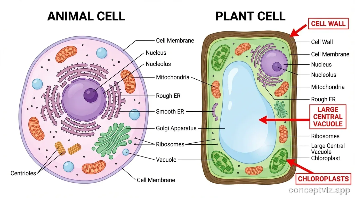 Side-by-side comparison diagram showing an animal cell on the left and a plant cell on the right. The animal cell is circular with a central purple nucleus, orange mitochondria scattered in pink cytoplasm, blue endoplasmic reticulum, and no cell wall. The plant cell is rectangular with a thick green cell wall, large light blue central vacuole taking up 70% of the cell, multiple green chloroplasts around the edges, and a smaller purple nucleus. Red arrows point to the three key differences: Cell Wall (plant only), Chloroplasts (plant only), and Large Central Vacuole (plant only). Both cells share labeled organelles including nucleus, mitochondria, and cell membrane.