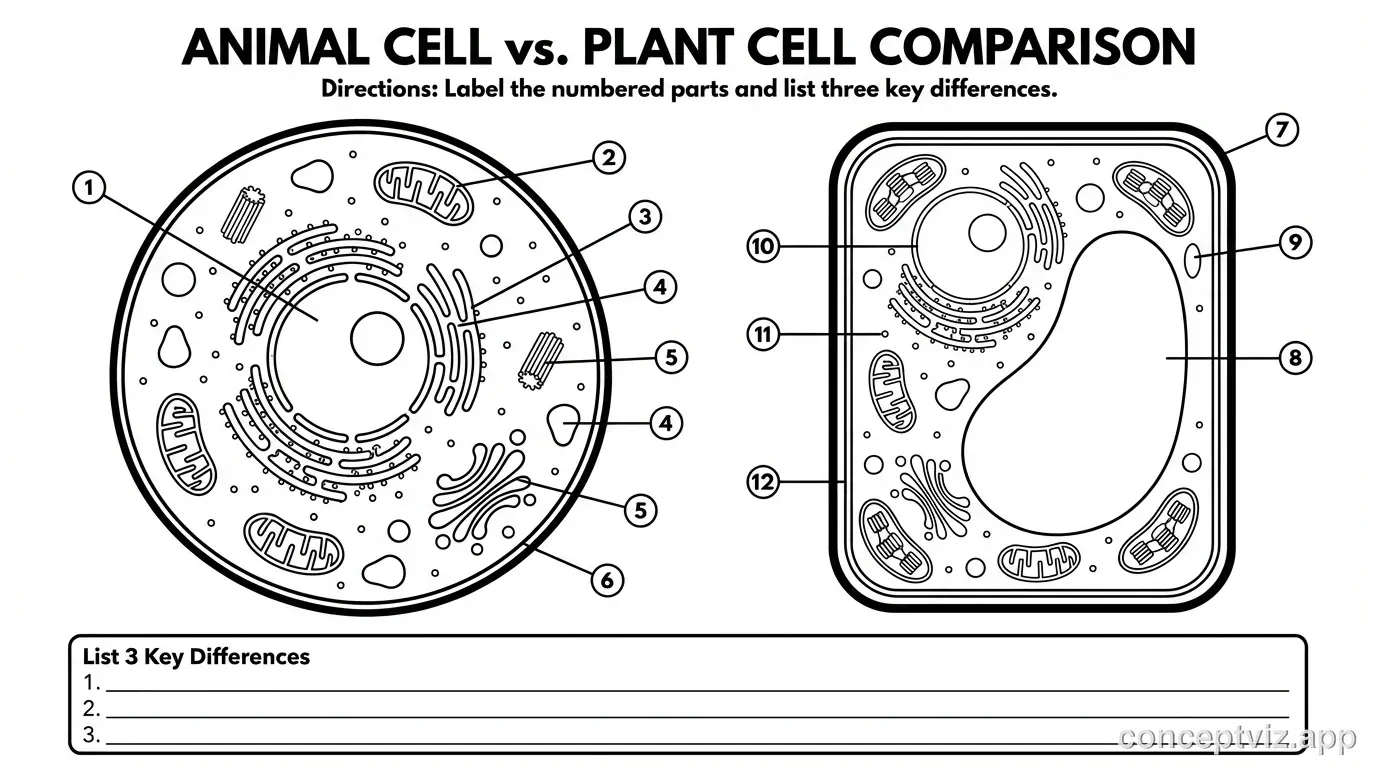 Black and white worksheet showing an animal cell (left) and plant cell (right) side by side without labels. The animal cell is circular, the plant cell is rectangular with visible cell wall. Both cells show organelles as simple shapes with numbered blank lines (1-12) pointing to each structure for students to fill in. Below the diagrams is a box titled "List 3 Key Differences" with three numbered blank lines for students to write the main differences between the two cell types. The worksheet is printer-friendly with clear outlines.