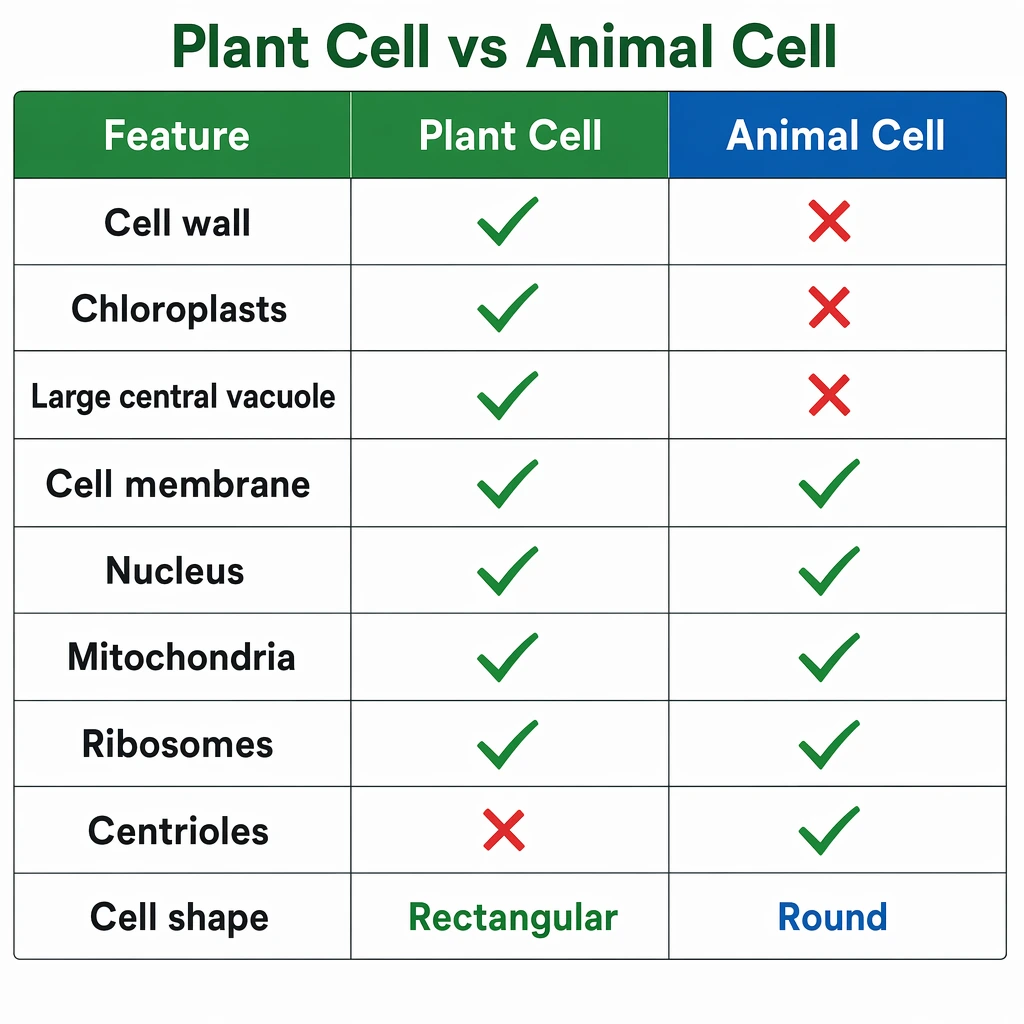 Comparison table listing which features plant and animal cells each have, with check and cross marks for cell wall, chloroplasts, vacuole, membrane, nucleus, mitochondria, ribosomes, centrioles, and shape