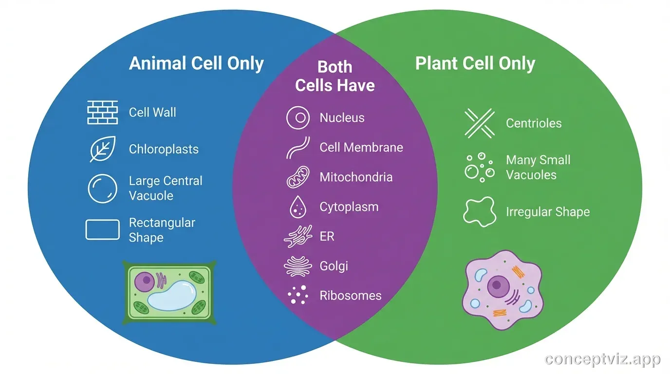 Venn diagram infographic comparing animal and plant cells. Two large overlapping circles: the left blue circle is labeled "Animal Cell Only" and contains icons for centrioles, many small vacuoles, and irregular shape, with a small animal cell illustration. The right green circle is labeled "Plant Cell Only" and contains icons for cell wall, chloroplasts, large central vacuole, and rectangular shape, with a small plant cell illustration. The purple overlapping center section is labeled "Both Cells Have" and lists shared organelles: nucleus, cell membrane, mitochondria, cytoplasm, endoplasmic reticulum, Golgi apparatus, and ribosomes. Clean infographic style with icons for each item.