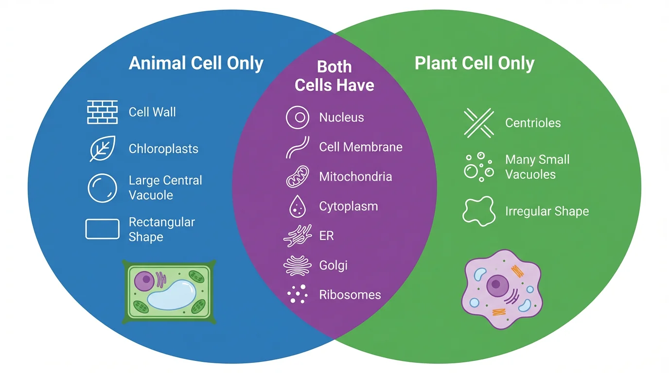 Venn diagram infographic comparing animal and plant cells. Two large overlapping circles: the left blue circle is labeled "Animal Cell Only" and contains icons for centrioles, many small vacuoles, and irregular shape, with a small animal cell illustration. The right green circle is labeled "Plant Cell Only" and contains icons for cell wall, chloroplasts, large central vacuole, and rectangular shape, with a small plant cell illustration. The purple overlapping center section is labeled "Both Cells Have" and lists shared organelles: nucleus, cell membrane, mitochondria, cytoplasm, endoplasmic reticulum, Golgi apparatus, and ribosomes. Clean infographic style with icons for each item.