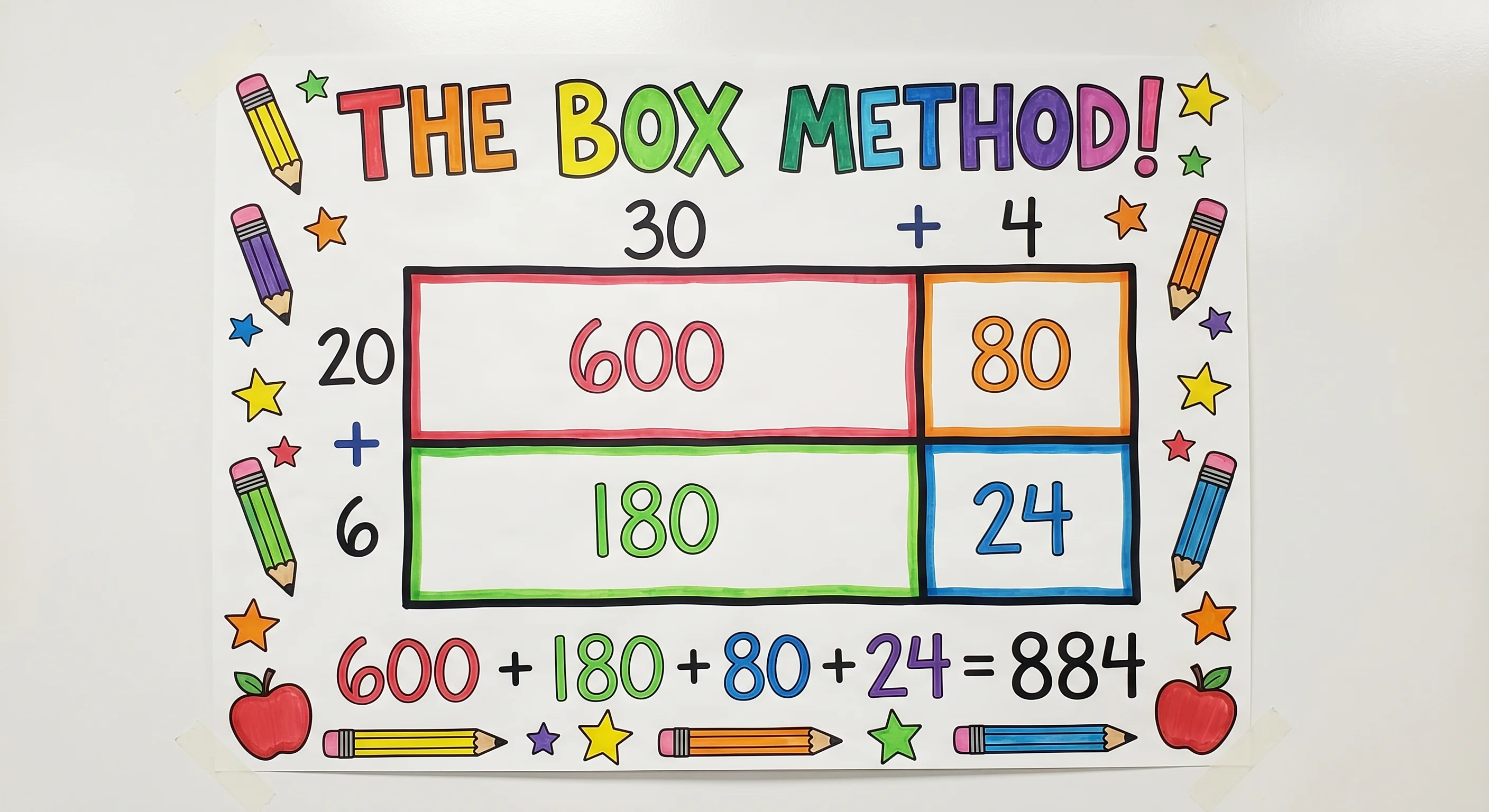 A colorful poster explaining the box method for multiplication with a labeled area model