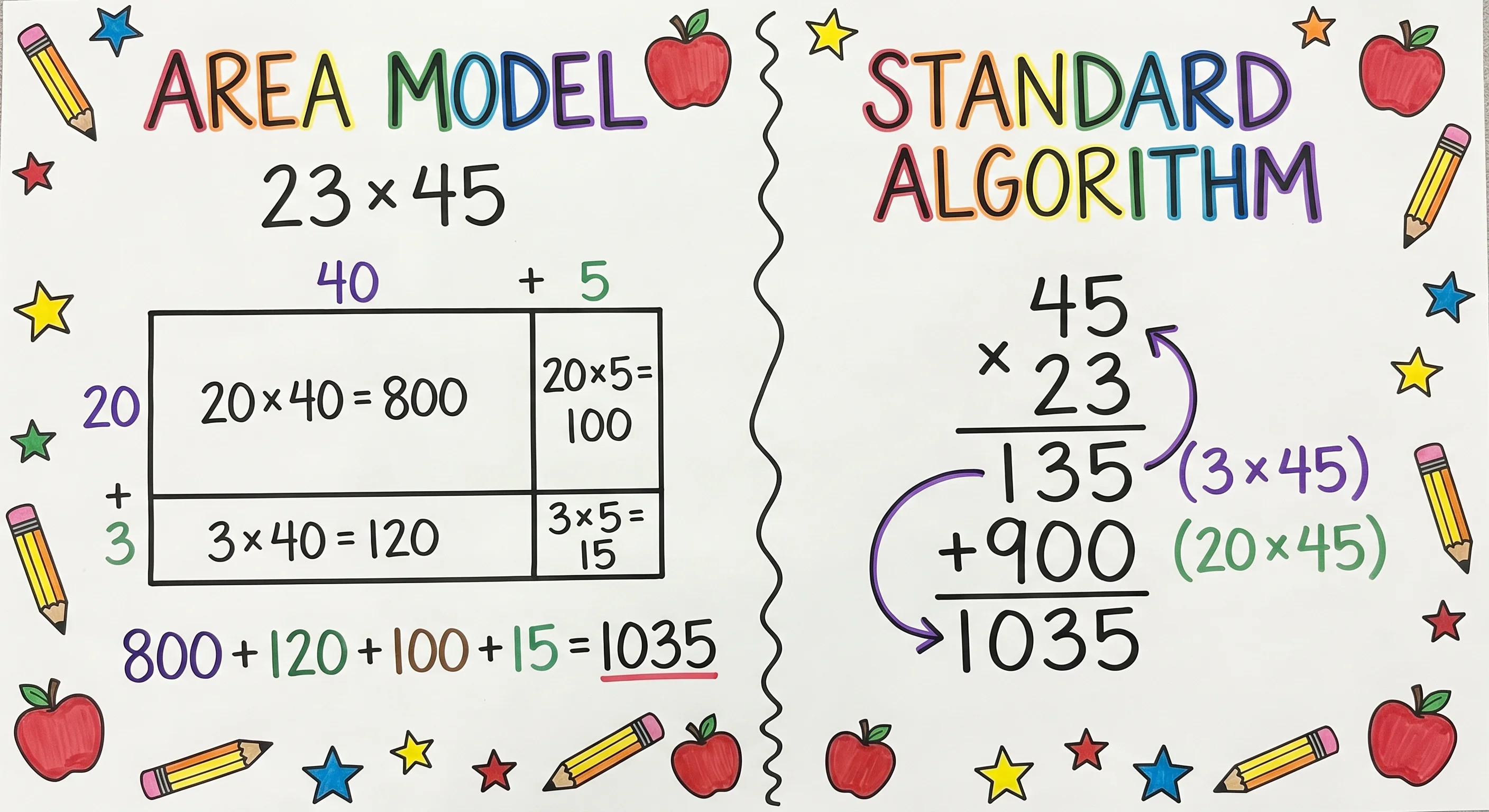 A side-by-side comparison of the area model grid and the standard column multiplication algorithm