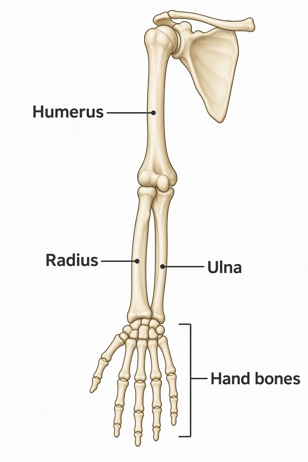 Simple arm bones diagram labeled Humerus, Radius, Ulna, and Hand bones