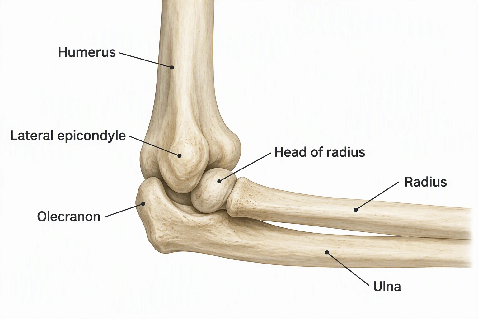 Lateral elbow labeled Humerus, Lateral epicondyle, Head of radius, Radius, Olecranon, and Ulna