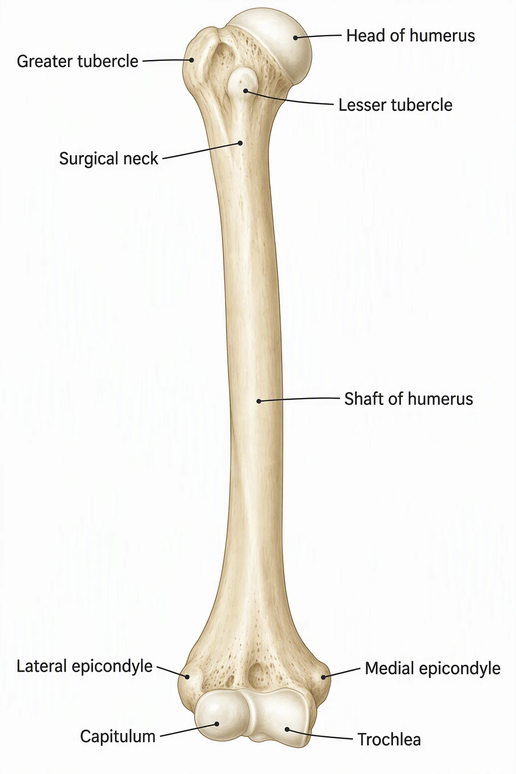 Anterior humerus labeled Head of humerus, Greater tubercle, Lesser tubercle, Surgical neck, Shaft of humerus, Lateral epicondyle, Medial epicondyle, Capitulum, and Trochlea