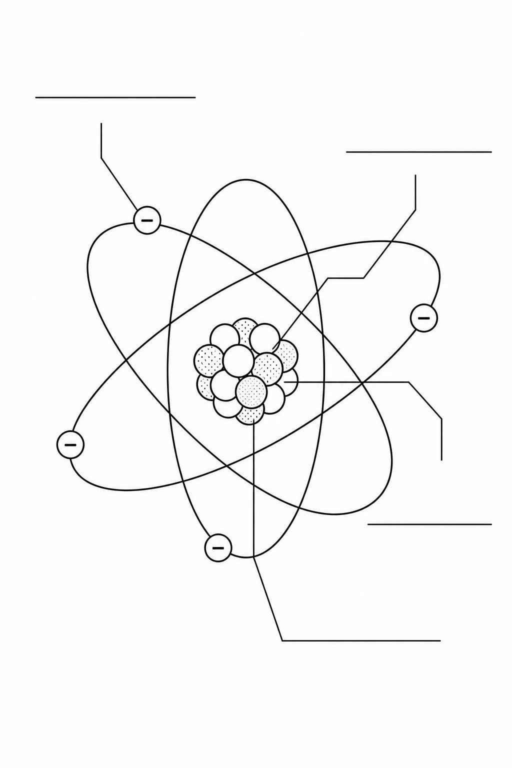Unlabeled atom diagram with empty callout lines for students to fill in the parts