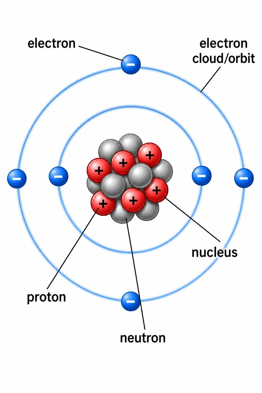 Labeled atom diagram showing nucleus with protons and neutrons and electrons on orbits around the nucleus