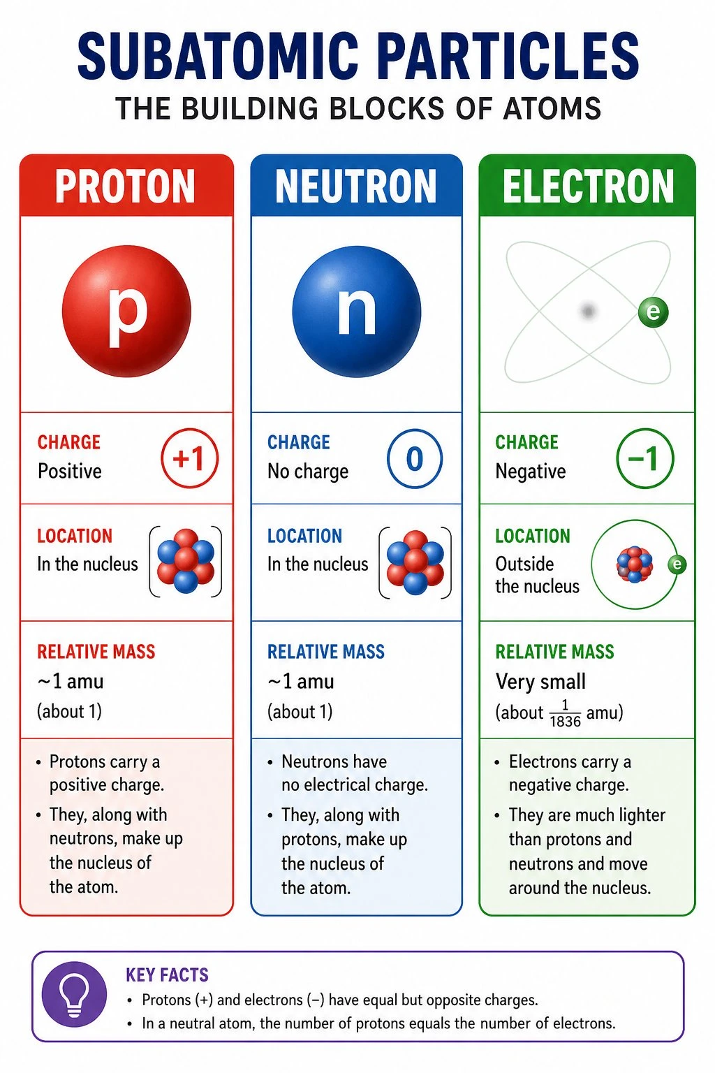 Educational chart comparing proton neutron and electron charge mass and location in the atom